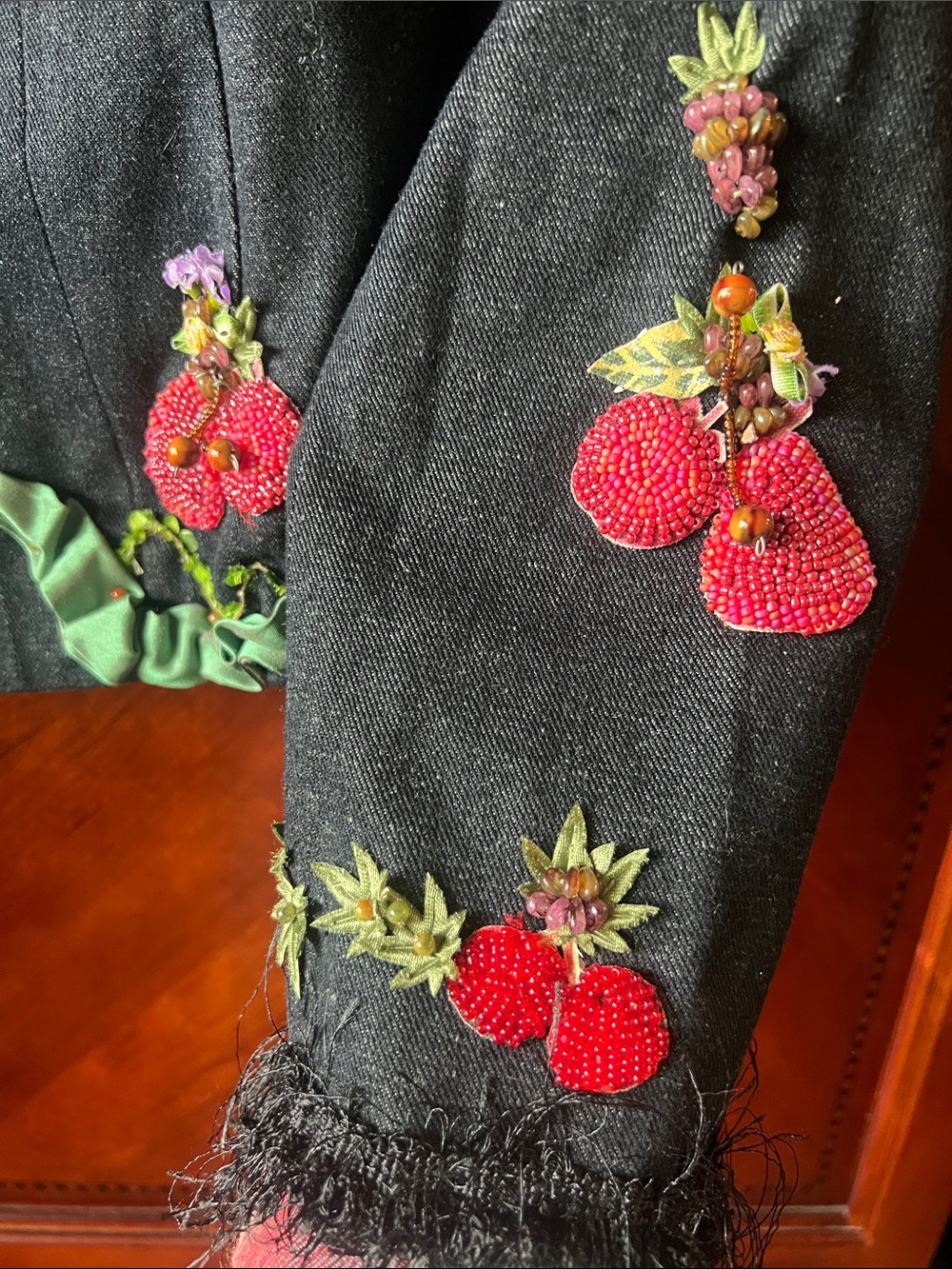 RARE MARY FRANCES Black Denim Jacket with Beaded/Embellished Fruits Size Small - Picture 7 of 16